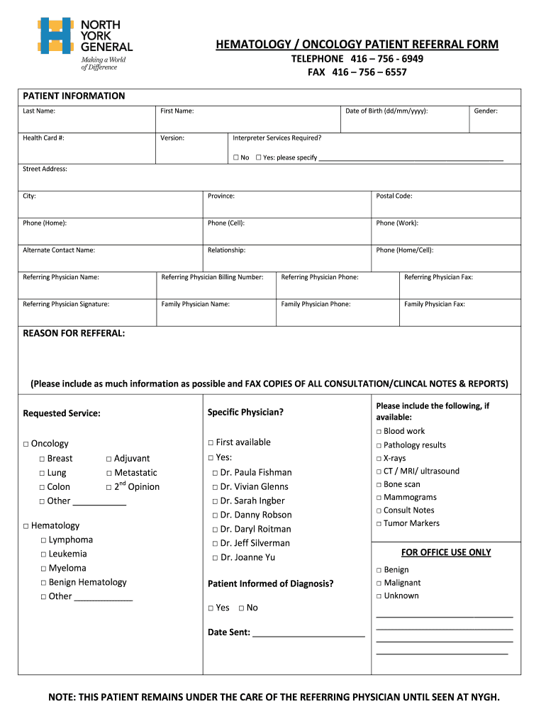  HEMATOLOGY ONCOLOGY PATIENT REFERRAL FORM 2014