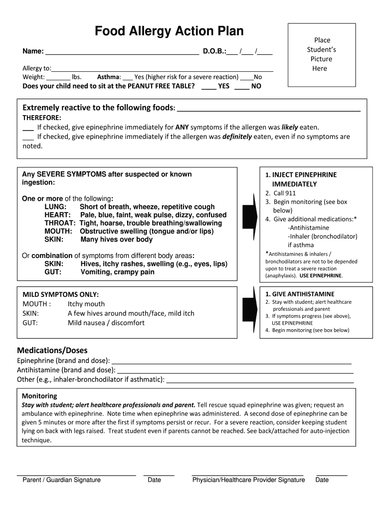 Food Allergy Action Plan  Form