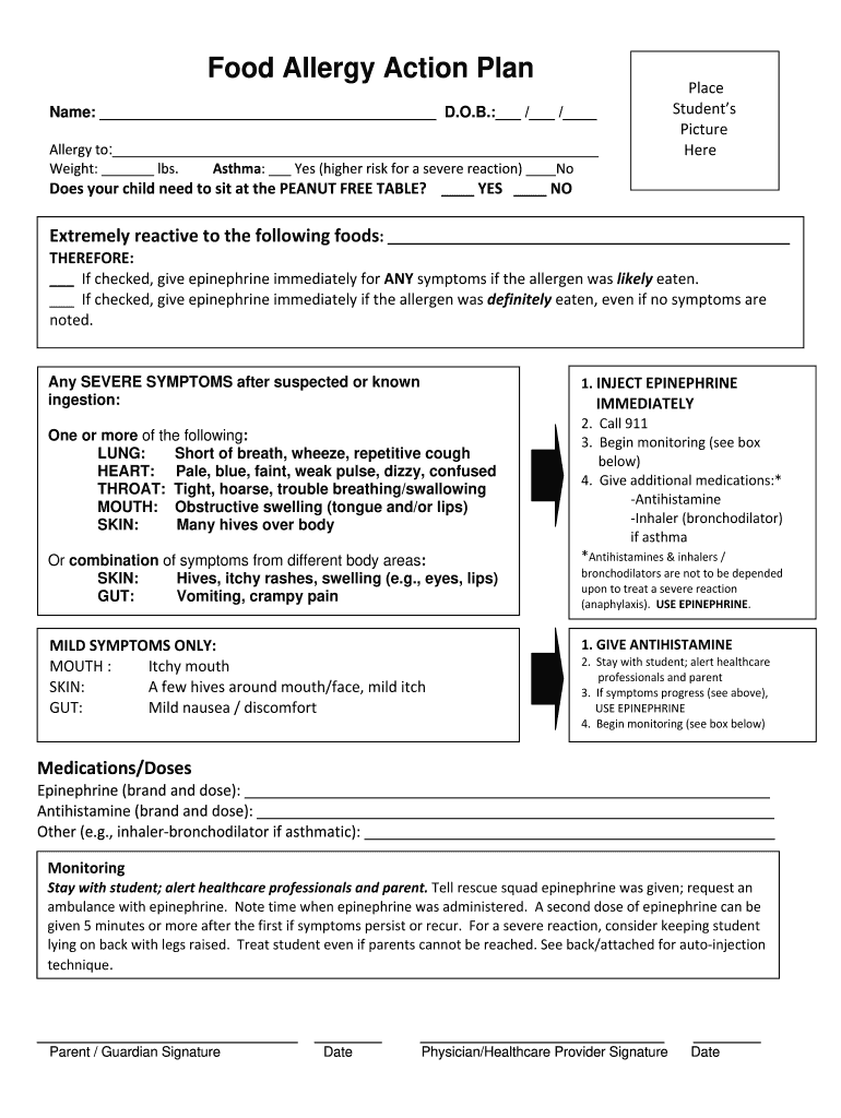Printable Food Allergy Form Template