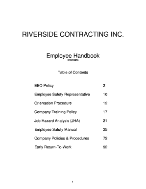 Table of Contents for Employee Handbook  Form