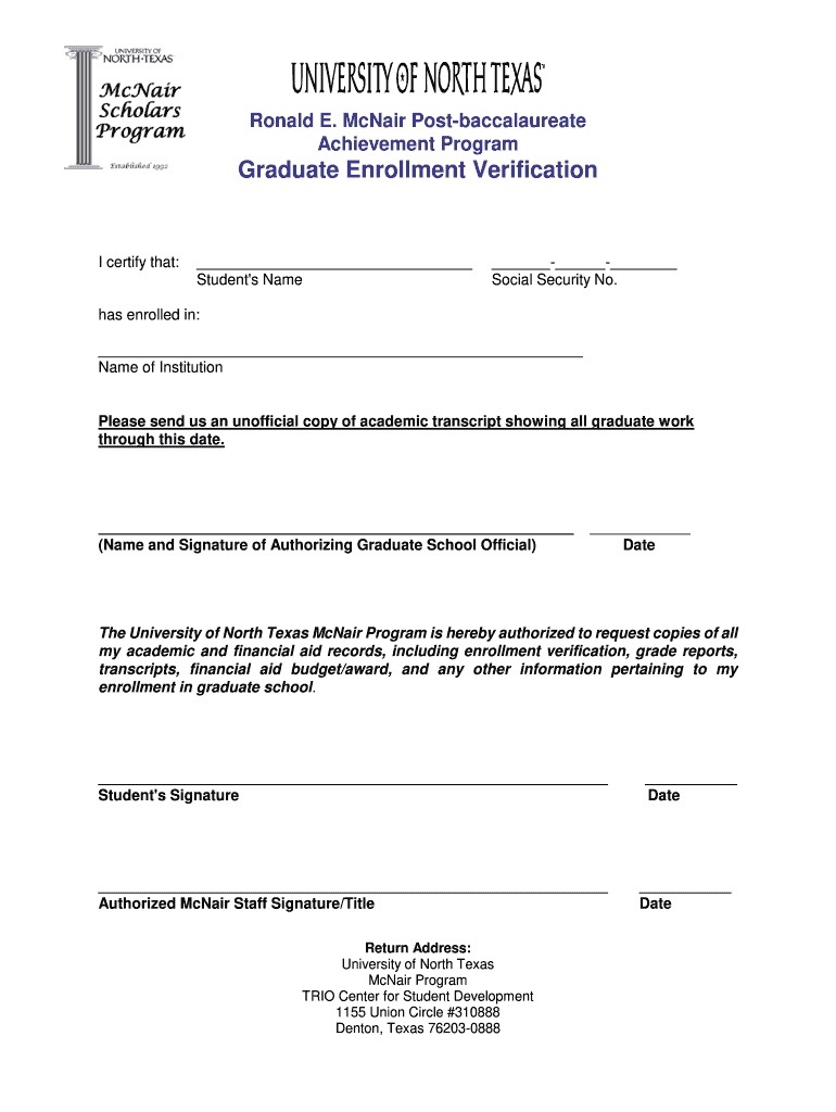 Graduate Enrollment Verification  Form