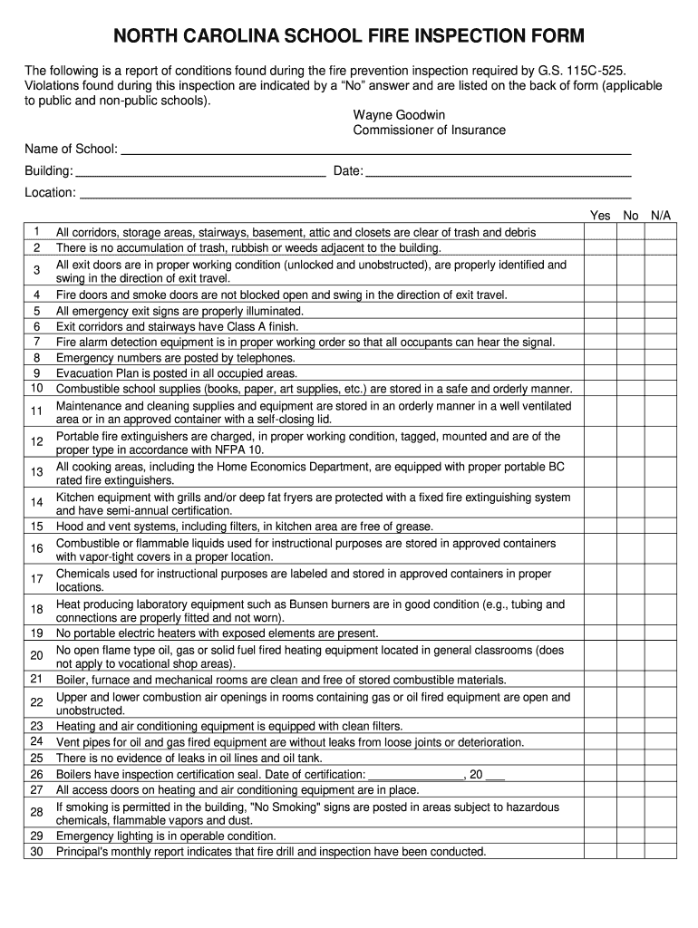 NORTH CAROLINA SCHOOL FIRE INSPECTION FORM