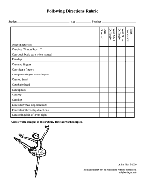 Following Directions Rubric  Form