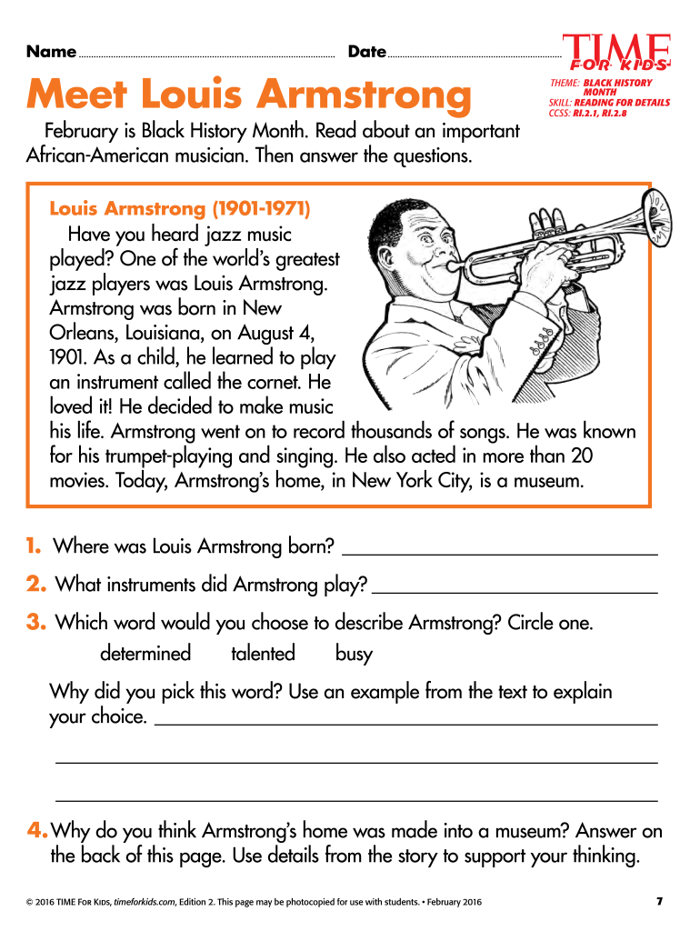Louis Armstrong Worksheet PDF  Form