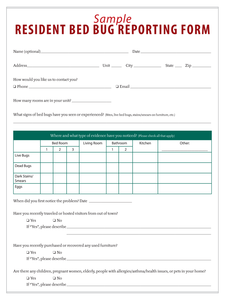 Sample Resident Bed Bug RepoRting FoRm  Extension Entm Purdue