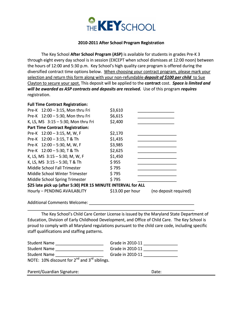 After School Program Registration After School  Form