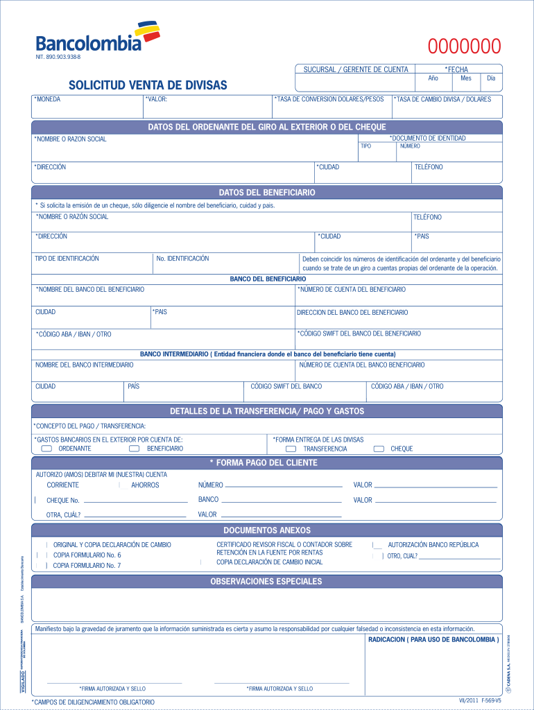 Solicitud Venta De Divisas Bancolombia  Form