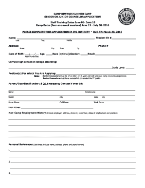 Camp Kiwanis Counselor Application  Form