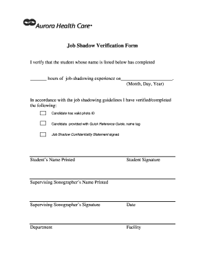  Job Shadow Verification Form Aurora Health Care Medicalprofessionals Aurorahealthcare 2015-2024