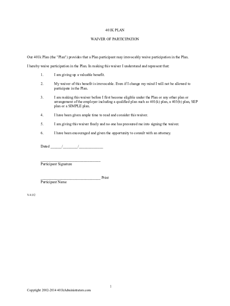  401k Waiver Form 2011-2024