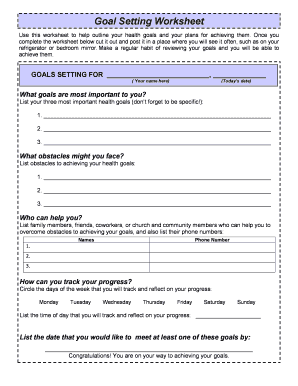 Health Goals Worksheet  Form