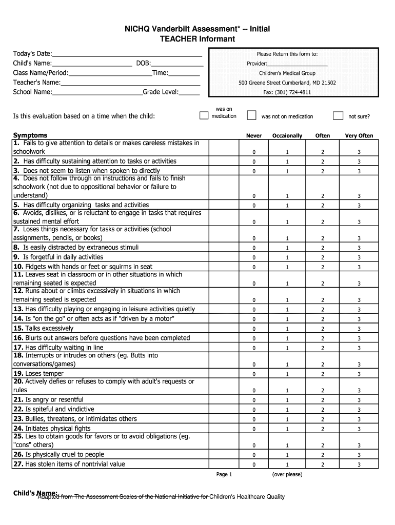 NICHQ Vanderbilt Assessment Initial TEACHER  Form