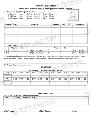 Infant Daily Report Bright Beginnings Childcare Services  Form