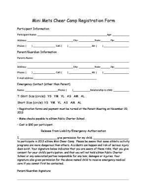  Mini Mets Cheer Camp Registration Form EStem PCS Inc 2013