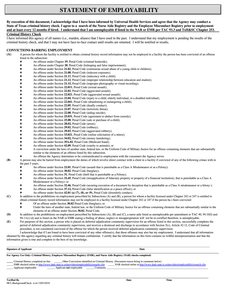  STATEMENT of EMPLOYABILITY  Universal Health  Universalhealthresources 2010