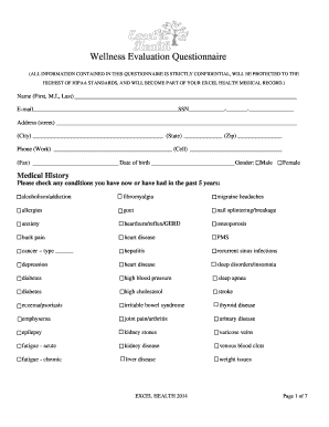 Wellness Evaluation Questionnaire Excel Health Excel Health  Form