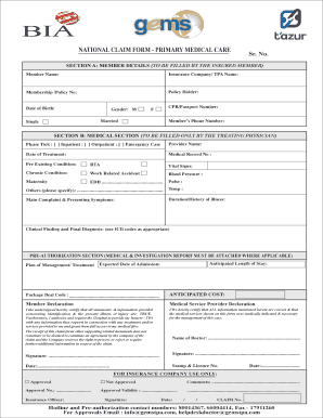 NATIONAL CLAIM FORM PRIMARY MEDICAL CARE Sr No