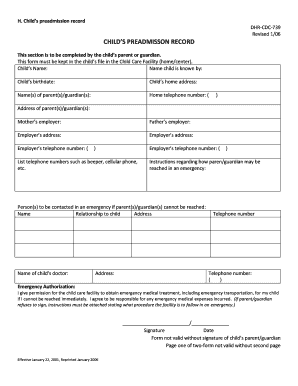 H Childs Preadmission Record DHR CDC 739 Revised  Form