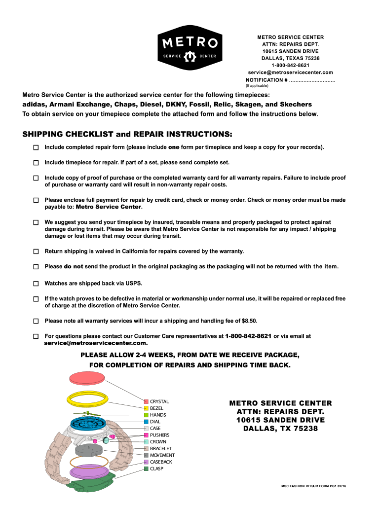 Metro Service Center Watch Repair  Form