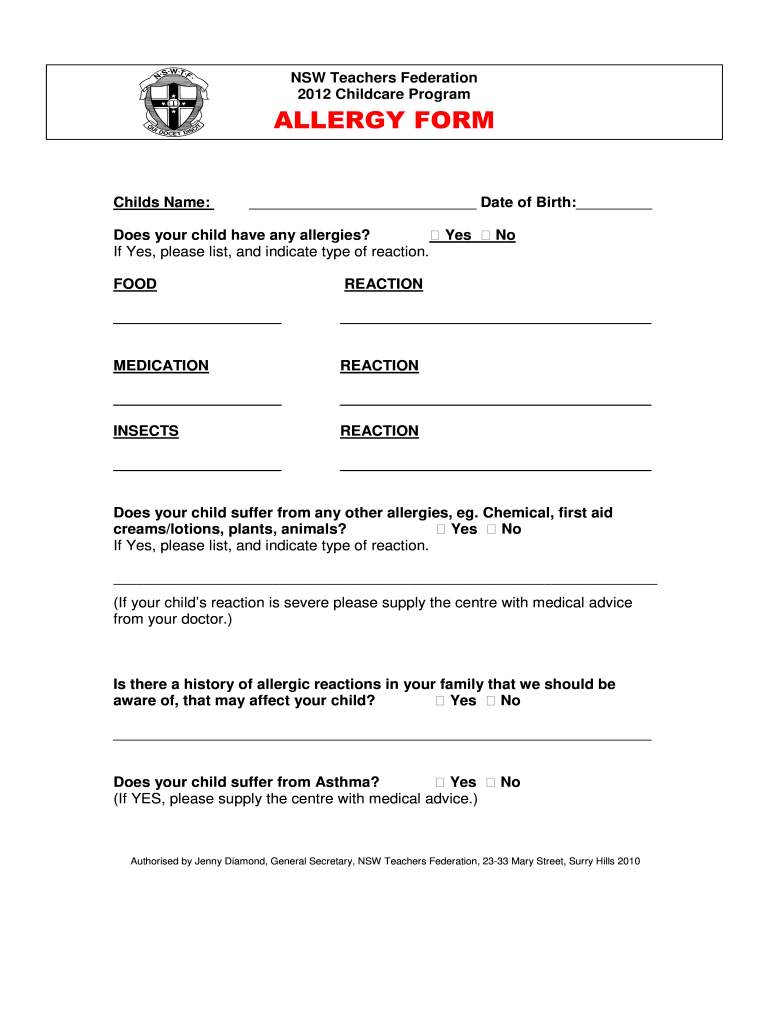 Get and Sign Childcare Allergy Form Nswtforgau 2012-2022
