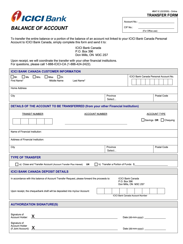  Balance of Account Tranfer Form ICICI Bank 2009-2024