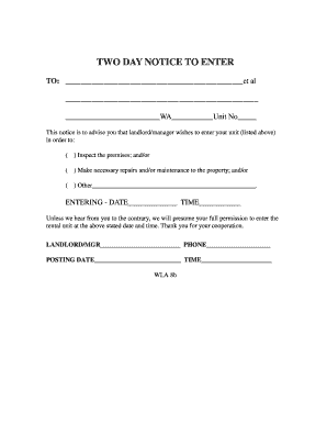 TWO DAY NOTICE to ENTER Washington Landlord Association  Form