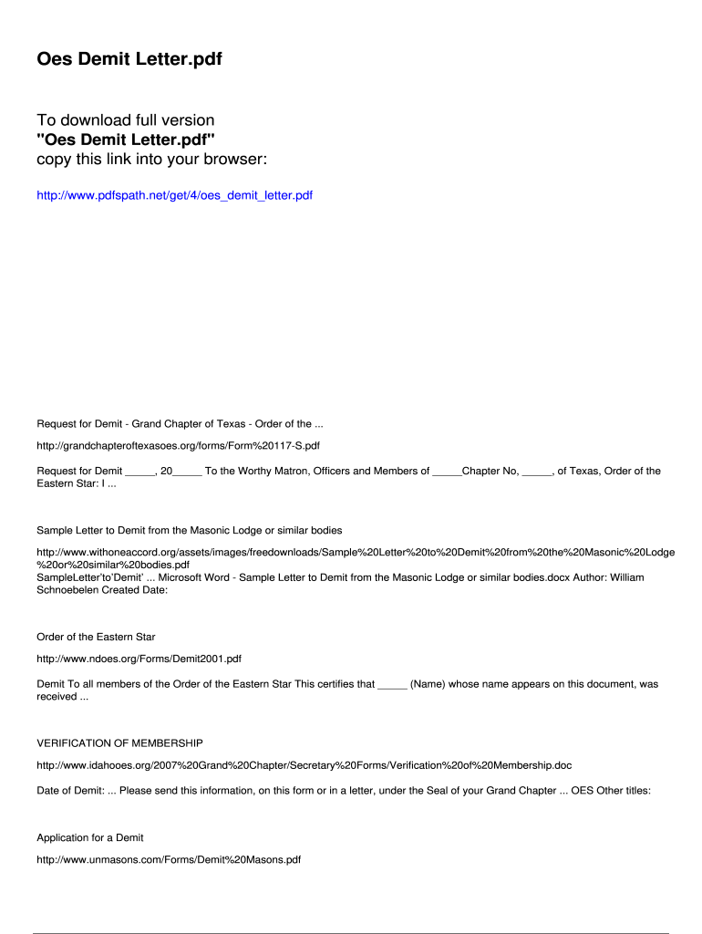 Demit Letter Eastern Star  Form