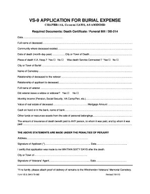 Form Vs 9 Application for Burial Expenses