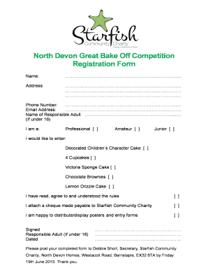 North Devon Bake off Competition Entry Form 1pdf Lotstodo Co