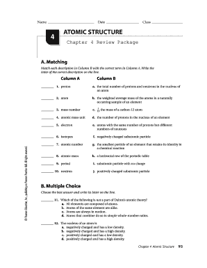 Atomic Structure Chapter Test a  Form