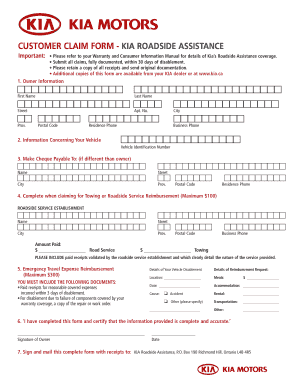 Kia Roadside Assistance Reimbursement  Form