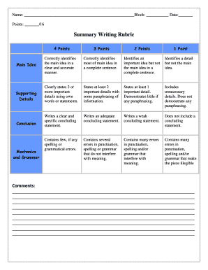 Rubric for Summary Writing  Form