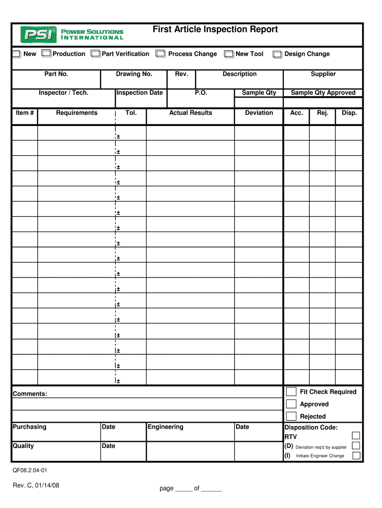 First Article Inspection Report  PSI Engines  Form