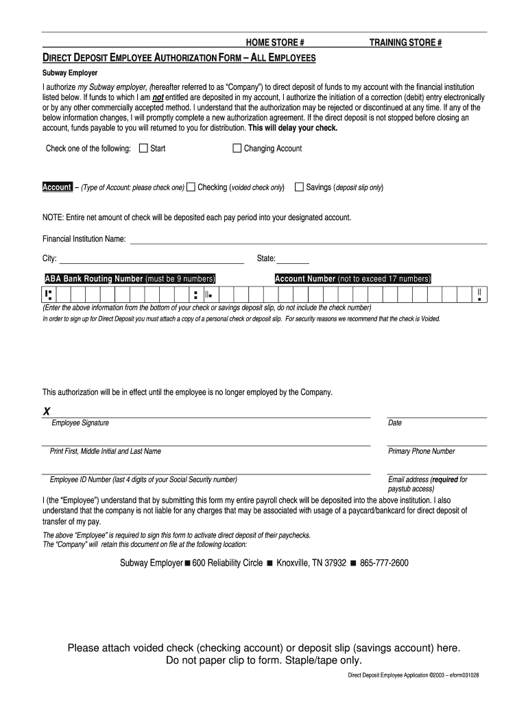 Subway Direct Deposit Form