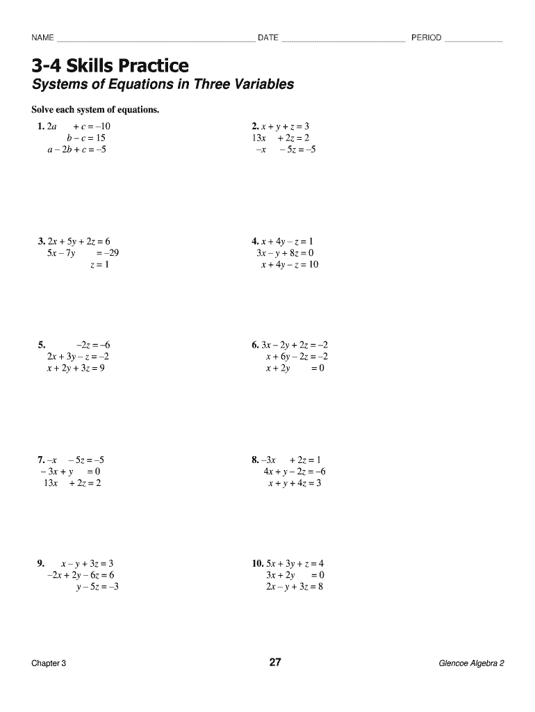 Get and Sign 3 4 Practice Systems of Equations in Three Variables  Form