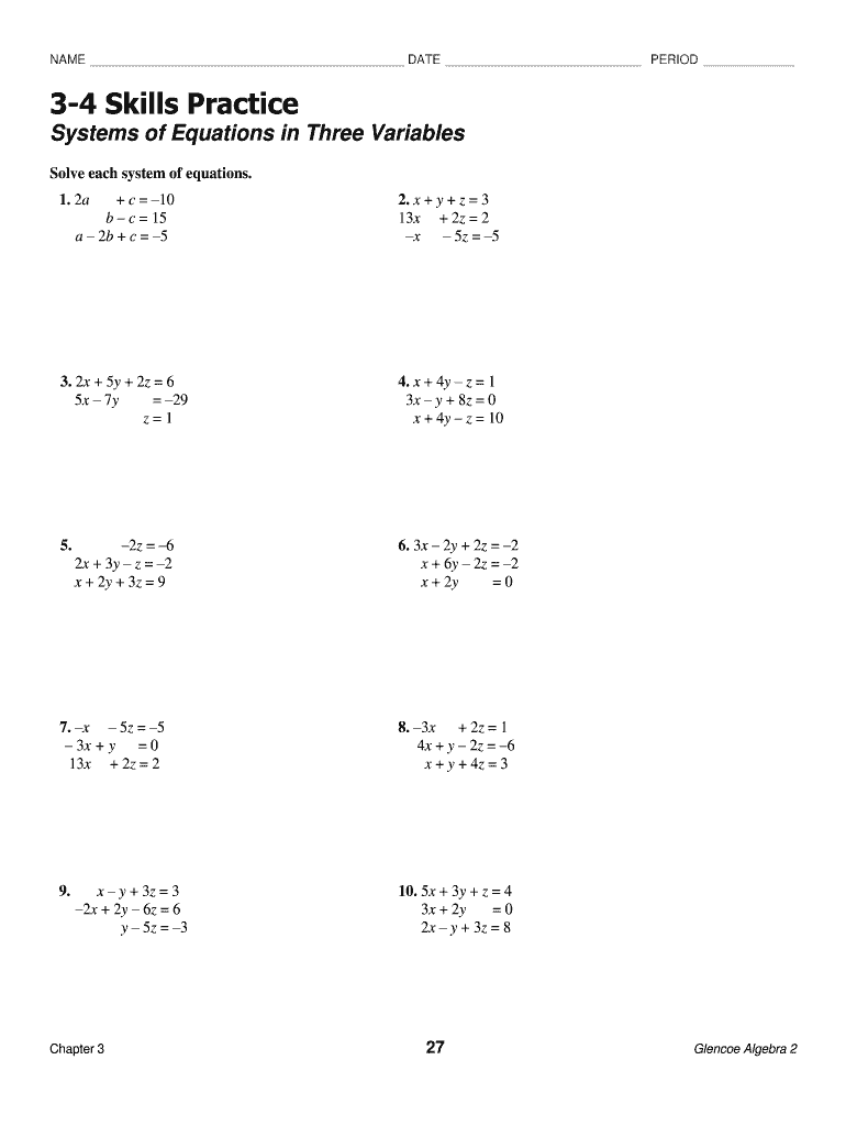 3 4 Practice Systems of Equations in Three Variables  Form