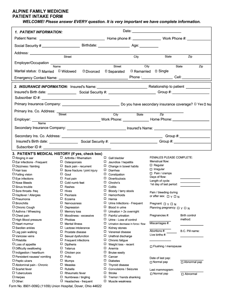  Alpine Family Medicine Patient Information Forms 2009-2024