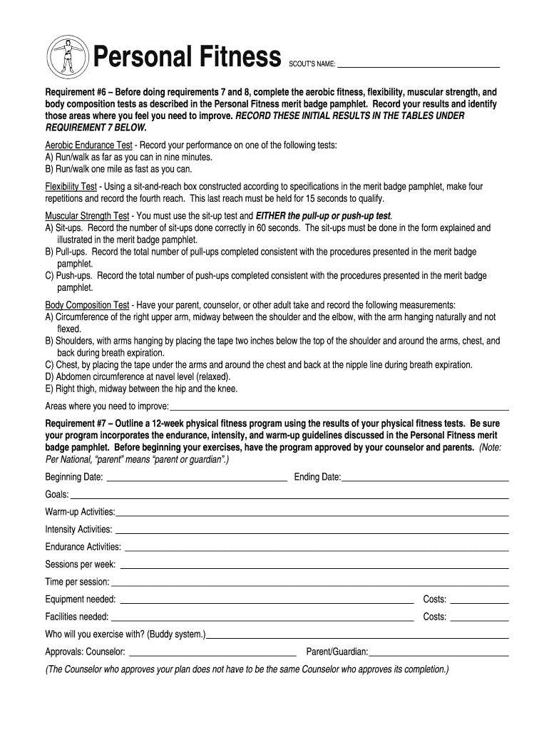 Personal Fitness Merit Badge Worksheet Word Document  Form