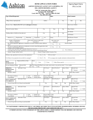 BOND APPLICATION FORM Ashton Bonding Agency