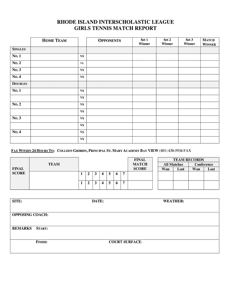 RHODE ISLAND INTERSCHOLASTIC LEAGUE GIRLS TENNIS MATCH REPORT Riil  Form