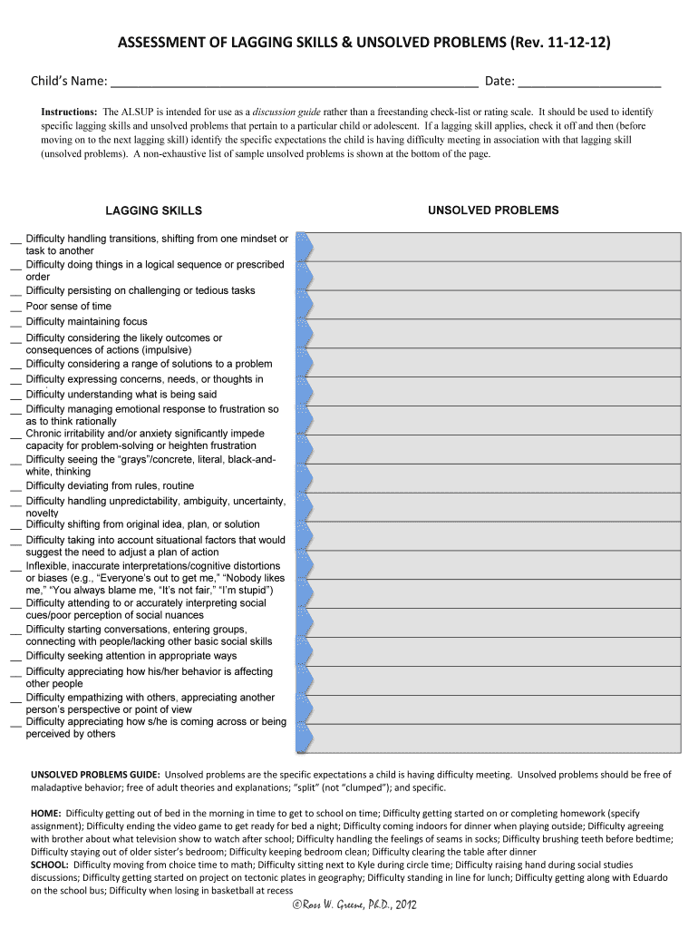 Instructions the ALSUP is Intended for Use as a Discussion Guide Rather Than a Standing Checklist or Rating Scale  Form