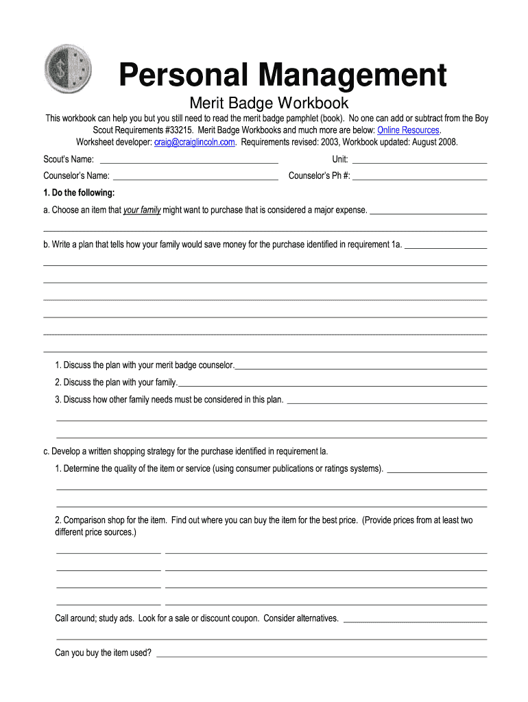 Get and Sign Personal Management Merit Badge Workbook  Troop1137 2008-2022 Form