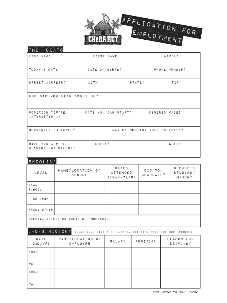 Cheba Hut Job Application  Form