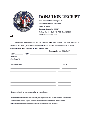 DONATION RECEIPT PVA Pick Up Service  Form