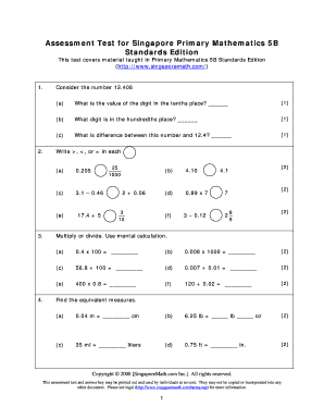 Singapore Math Test PDF  Form