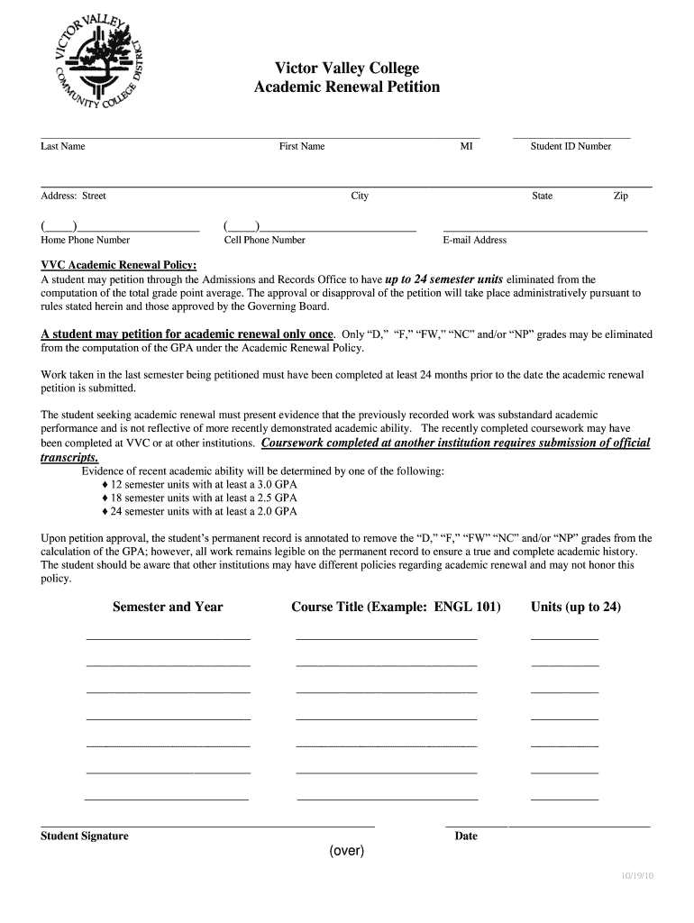 Get and Sign Academic Renewal Vvc 2015-2022 Form