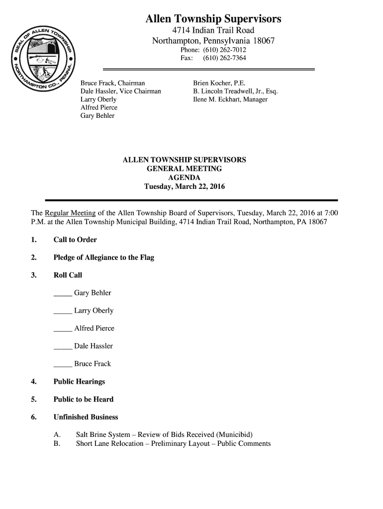  Allen Township Supervisors 4714 Indian Trail Road Northampton, Pennsylvania 18067 Phone 610 2627012 Fax 610 2627364 Bruce 2016