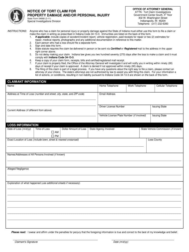  Tort Claim Form Indiana 2011