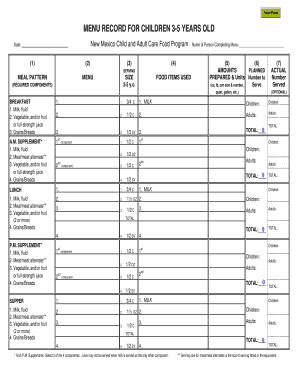 MENU RECORD for CHILDREN 3 5 YEARS OLD  Form