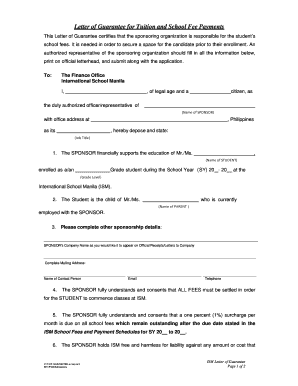 Letter of Guarantee for Tuition and School Fee Payments Ismanila  Form